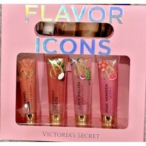 Victoria's Secret Flavor Lip Gloss Set Caramel Kiss Coconut Craze Melon Pink 4pc